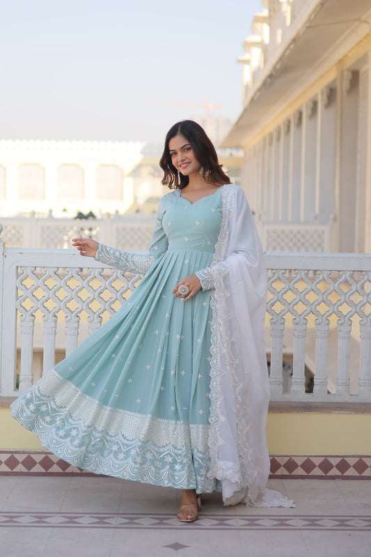 Glimmering  Sky Blue Color Thread Sequins Work Anarkali Suit