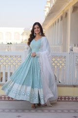 Glimmering  Sky Blue Color Thread Sequins Work Anarkali Suit