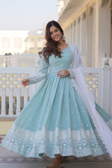 Glimmering  Sky Blue Color Thread Sequins Work Anarkali Suit