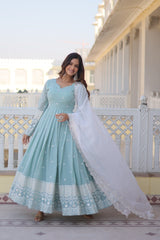 Glimmering  Sky Blue Color Thread Sequins Work Anarkali Suit