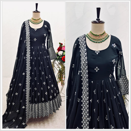 Fabulous Black Color Georgette Sequence Embroidery  Work Gown