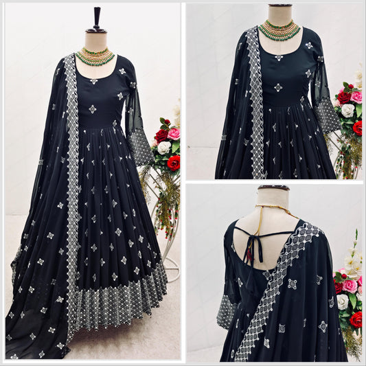 Fabulous Black Color Georgette Sequence Embroidery  Work Gown