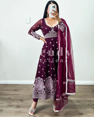 Outstanding Wine Color Georgette  Sequences Embroidery Work Anarkali Suit