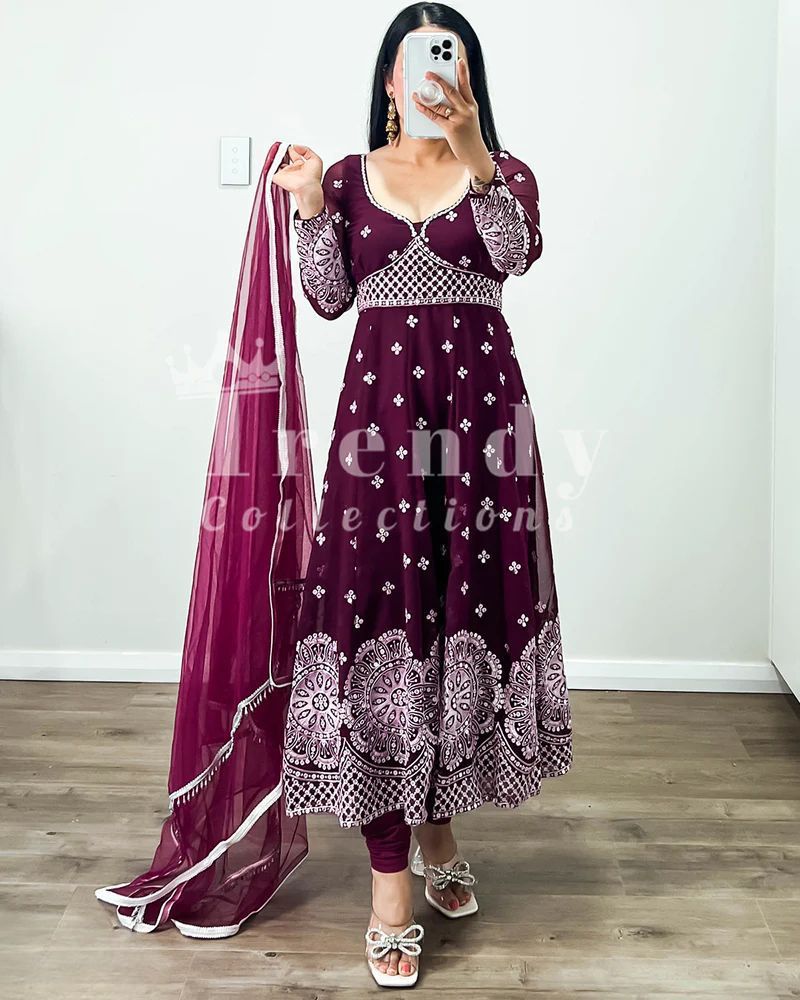 Outstanding Wine Color Georgette  Sequences Embroidery Work Anarkali Suit