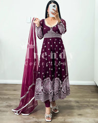 Outstanding Wine Color Georgette  Sequences Embroidery Work Anarkali Suit