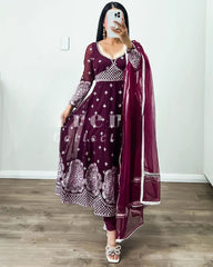 Outstanding Wine Color Georgette  Sequences Embroidery Work Anarkali Suit