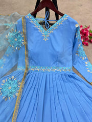 Luxuriant Sky Blue Color Silk Embroidery Work Gown