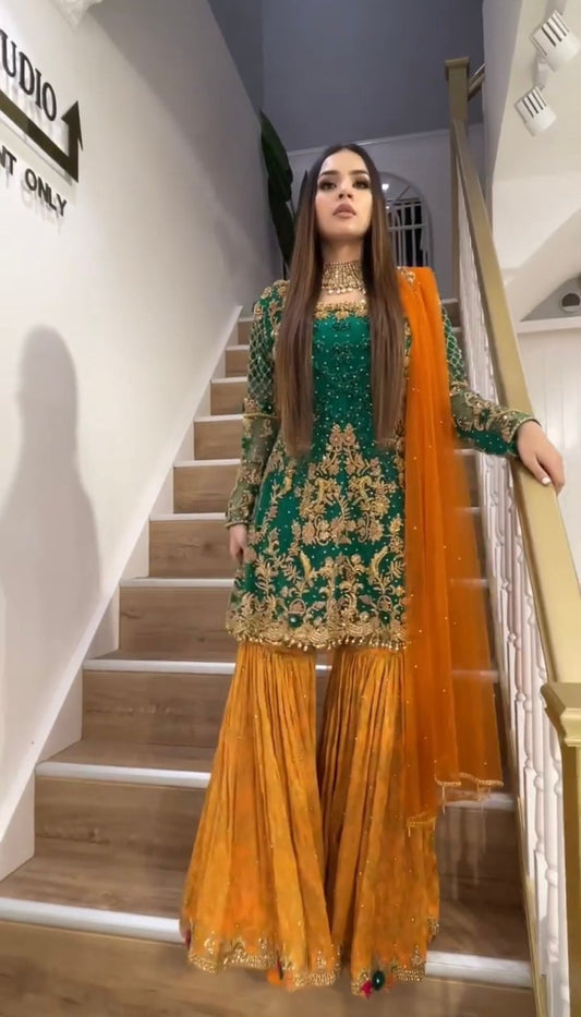 Captivating Green And Yellow Color  Embroidery Sequins Work Sharara Suit