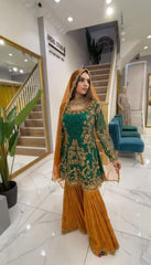 Captivating Green And Yellow Color  Embroidery Sequins Work Sharara Suit