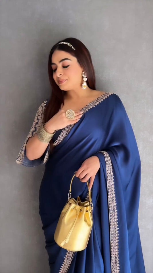 Outstanding  Blue Color Silk Embroidery Work Saree