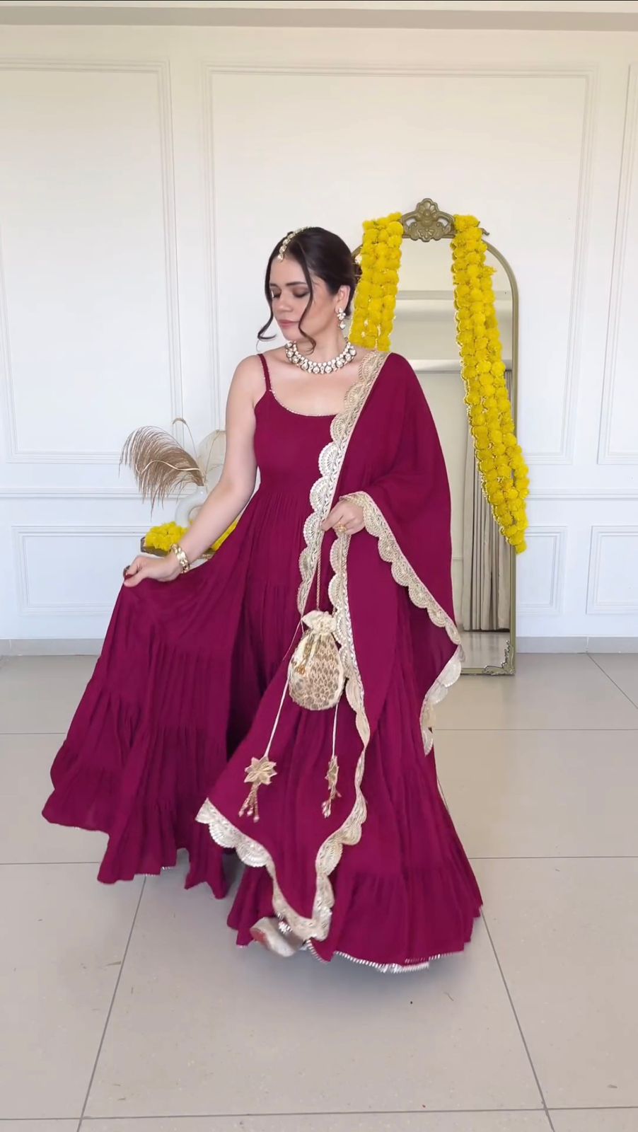 Captivating Pink Color Long Ruffle Layer Gown