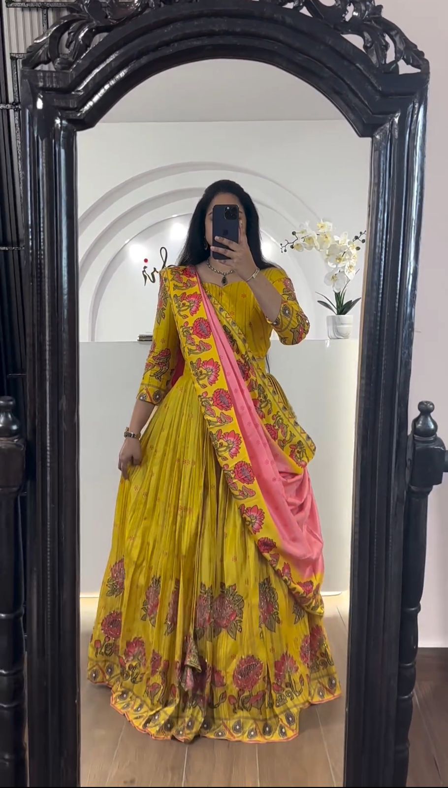 Delightful Chent Crep Kalamkari Print Yellow Color Lehenga Choli