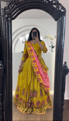 Delightful Chent Crep Kalamkari Print Yellow Color Lehenga Choli