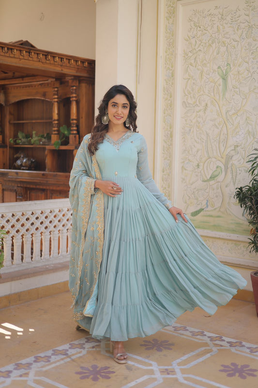 Luxuriant Ruffle Sky Blue Gown With Work Dupatta