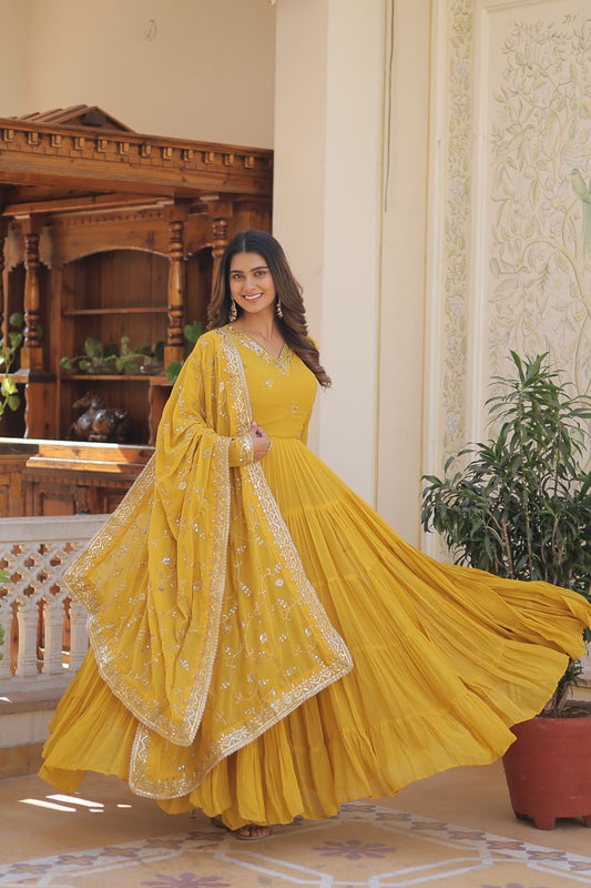 Luxuriant Ruffle Yellow Gown With Work Dupatta