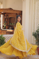 Luxuriant Ruffle Yellow Gown With Work Dupatta