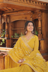 Luxuriant Ruffle Yellow Gown With Work Dupatta