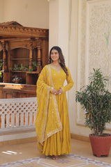 Luxuriant Ruffle Yellow Gown With Work Dupatta