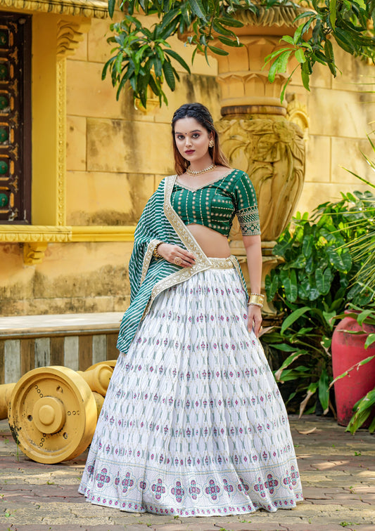 Function Wear Green and White Color Lehenga Choli