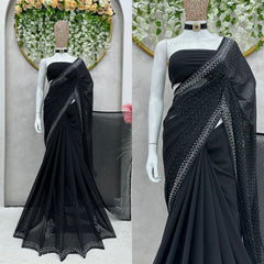 Outstanding  Black Color Georgette Hot Fix Work Saree