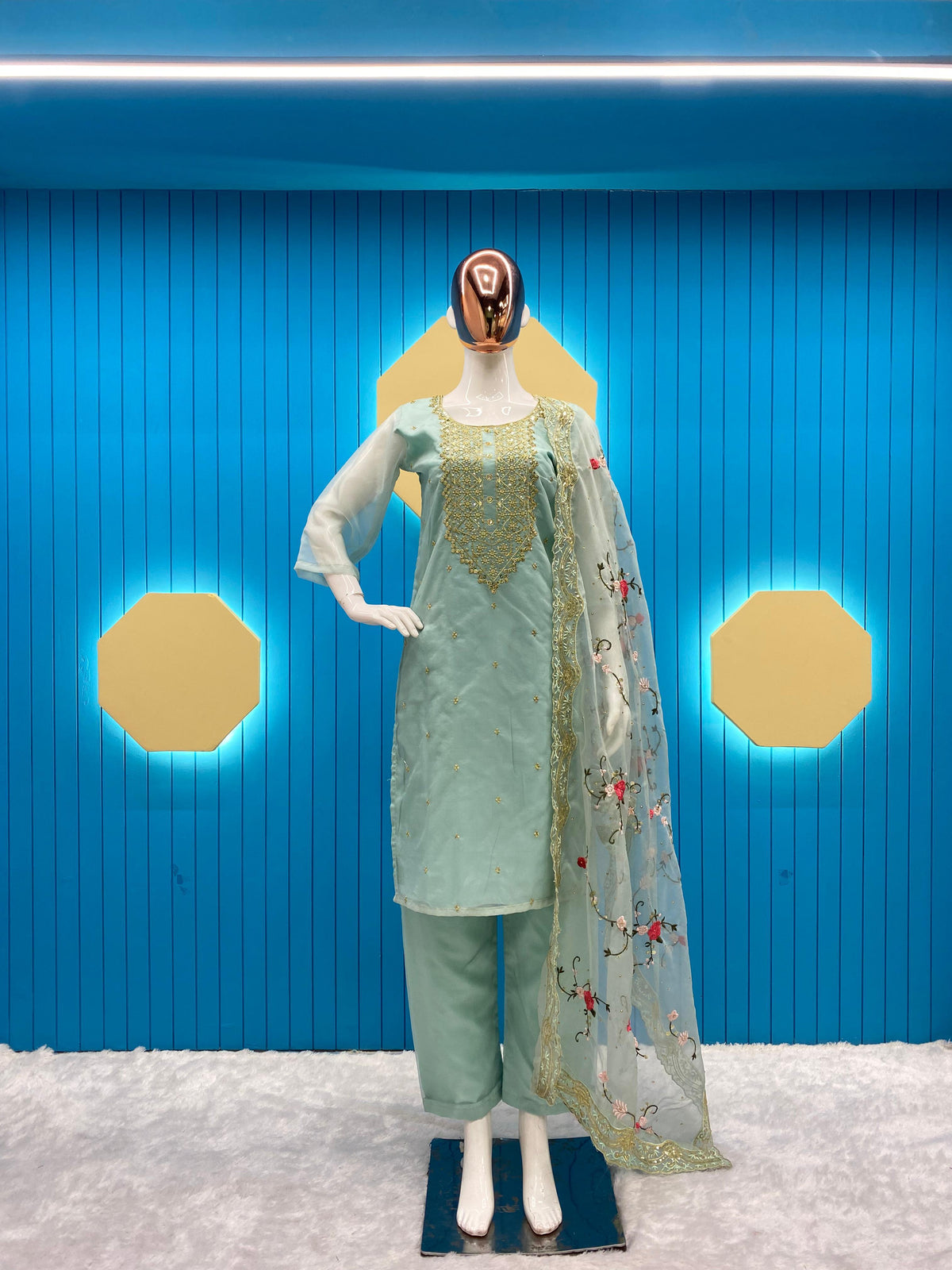 Captivating  Piasta Color Sequence Embroidery Work Suit