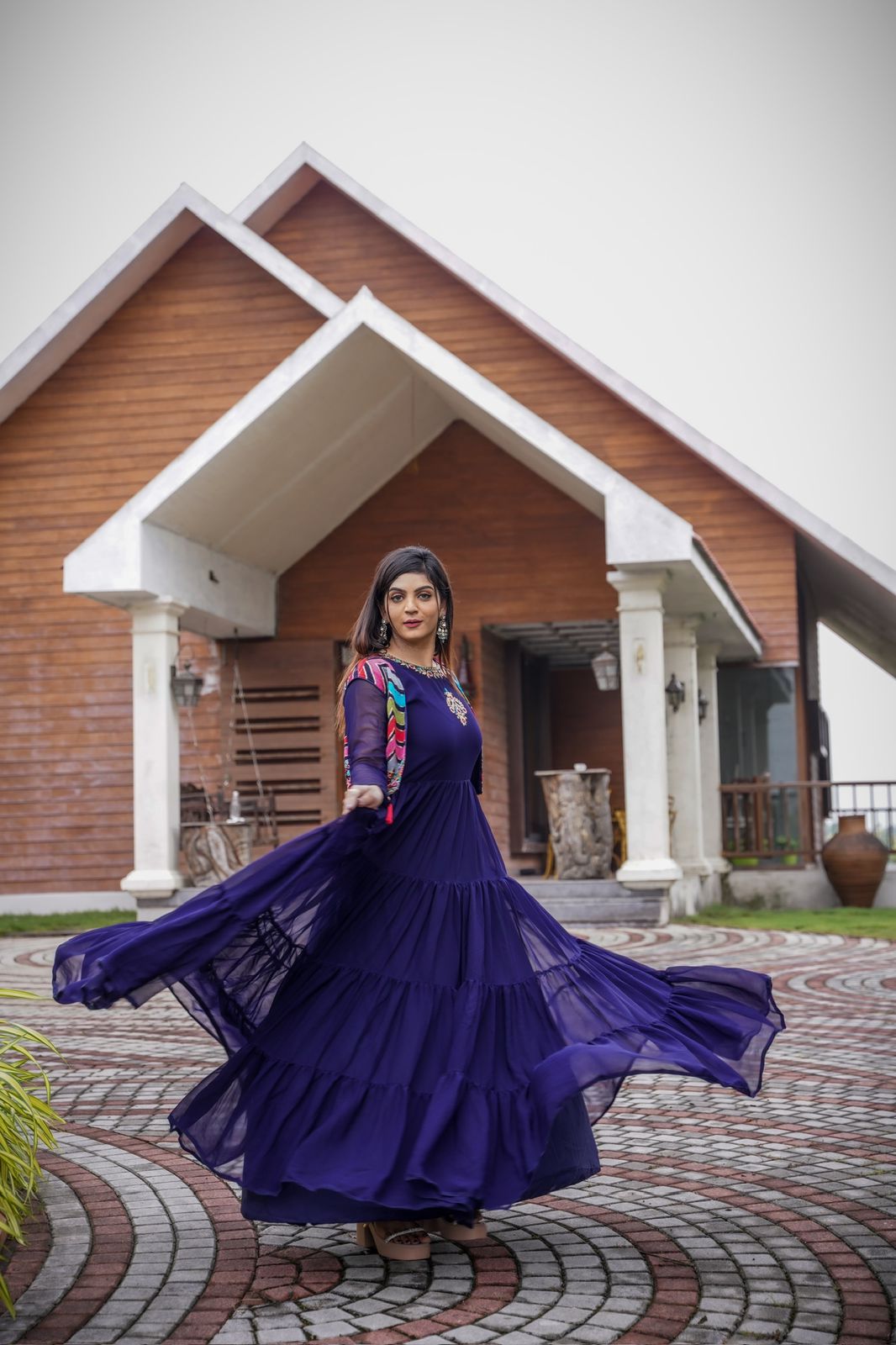 Captivating  Blue Color Ruffle Embroidery Work Gown