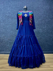 Captivating  Blue Color Ruffle Embroidery Work Gown