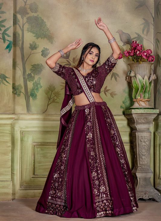 Glorious  Heavy Embroidery Zari Work Wine Color Lehenga Choli