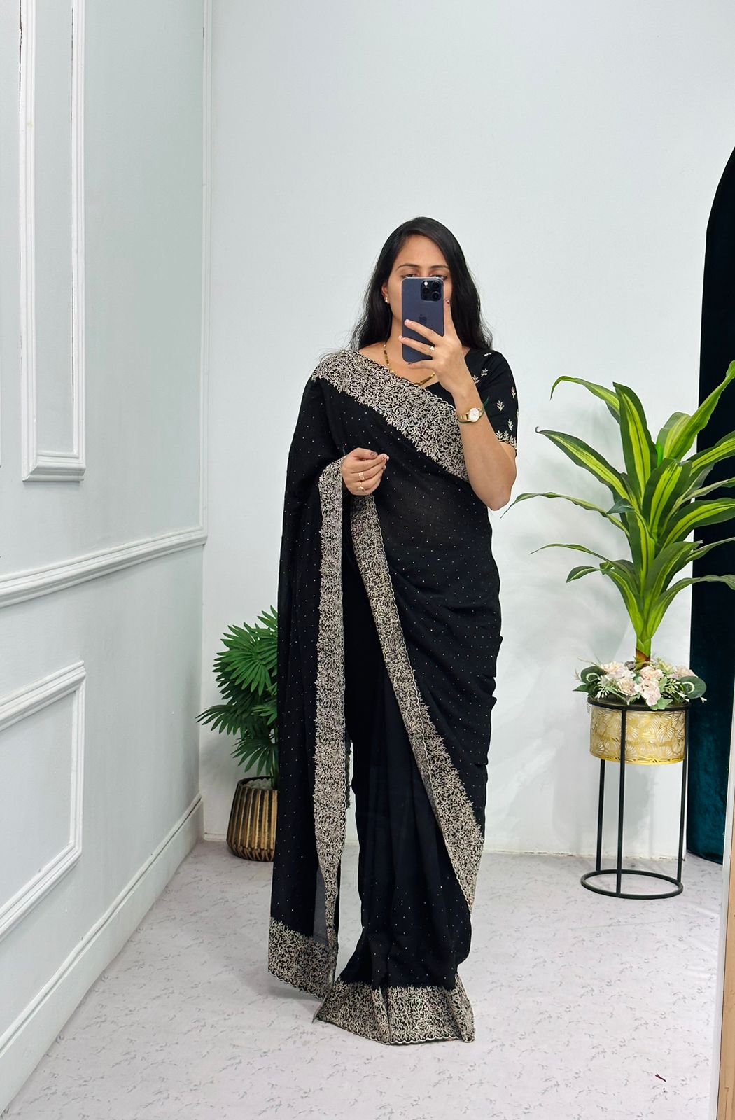 Outstanding  Embroidery And Diamond Work Black Saree