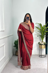 Outstanding  Embroidery And Diamond Work Red Saree