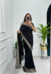 Outstanding  Embroidery And Diamond Work Black Saree