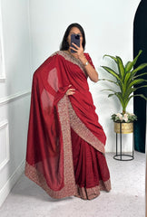 Outstanding  Embroidery And Diamond Work Red Saree