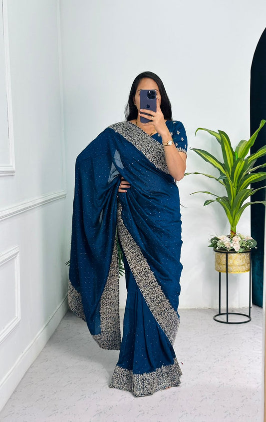 Outstanding  Embroidery And Diamond Work Blue Saree