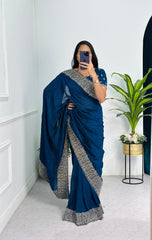 Outstanding  Embroidery And Diamond Work Blue Saree