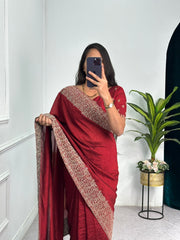 Outstanding  Embroidery And Diamond Work Red Saree