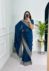 Outstanding  Embroidery And Diamond Work Blue Saree