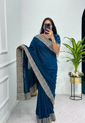 Outstanding  Embroidery And Diamond Work Blue Saree