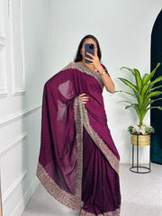 Outstanding  Embroidery And Diamond Work Maroon Saree