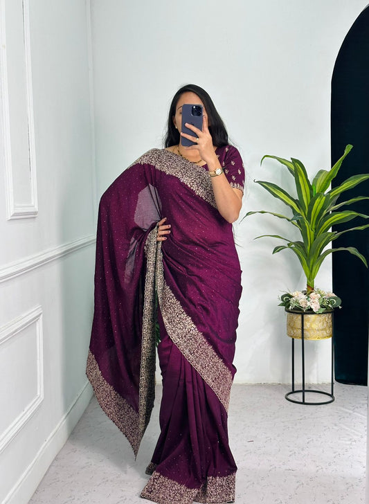 Outstanding  Embroidery And Diamond Work Maroon Saree