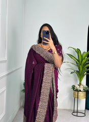 Outstanding  Embroidery And Diamond Work Maroon Saree