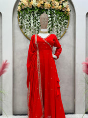 Fantastic Georgette Thread With Sequence Work Red Color Gown