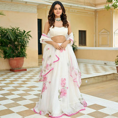 Outstanding Organza Silk Painted Zari Work White Color Lehenga Choli