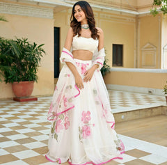 Outstanding Organza Silk Painted Zari Work White Color Lehenga Choli