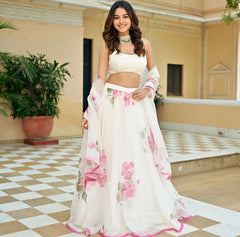 Outstanding Organza Silk Painted Zari Work White Color Lehenga Choli