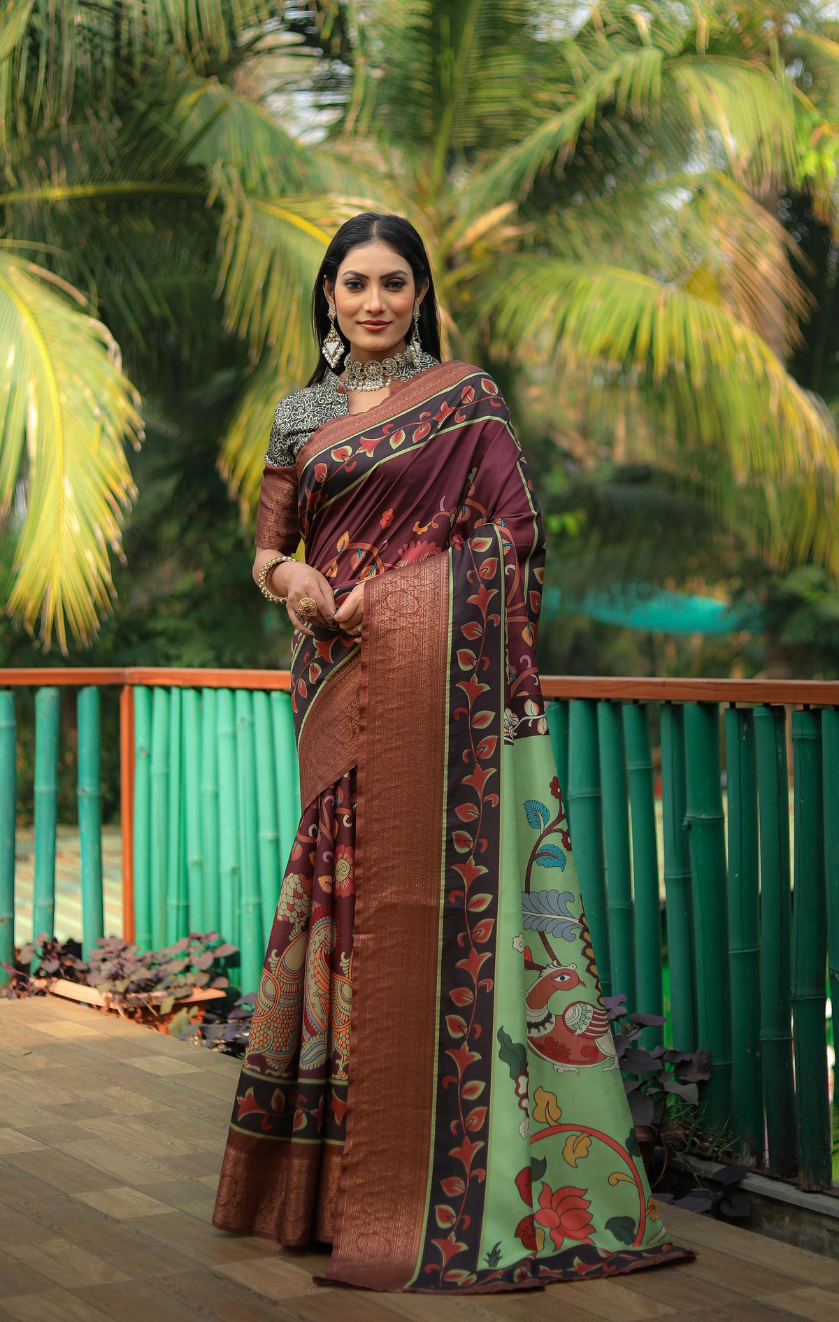 Mesmerizing Kalamkari digital Print design Brown Color Saree