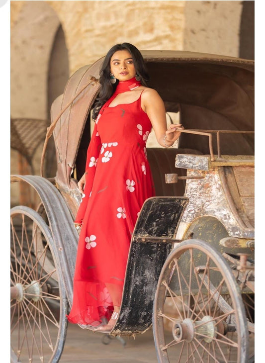 Designer  Georgette Printed Red Color Gown