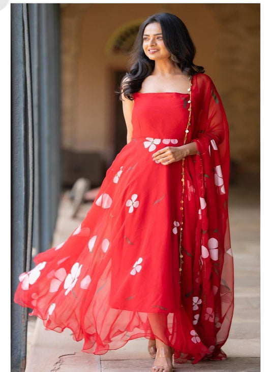 Designer  Georgette Printed Red Color Gown