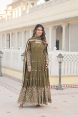 Captivating Sequins Embroidered Work Mehndi Color Gown