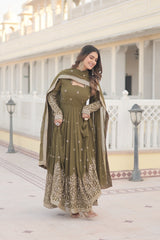 Captivating Sequins Embroidered Work Mehndi Color Gown