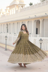 Captivating Sequins Embroidered Work Mehndi Color Gown